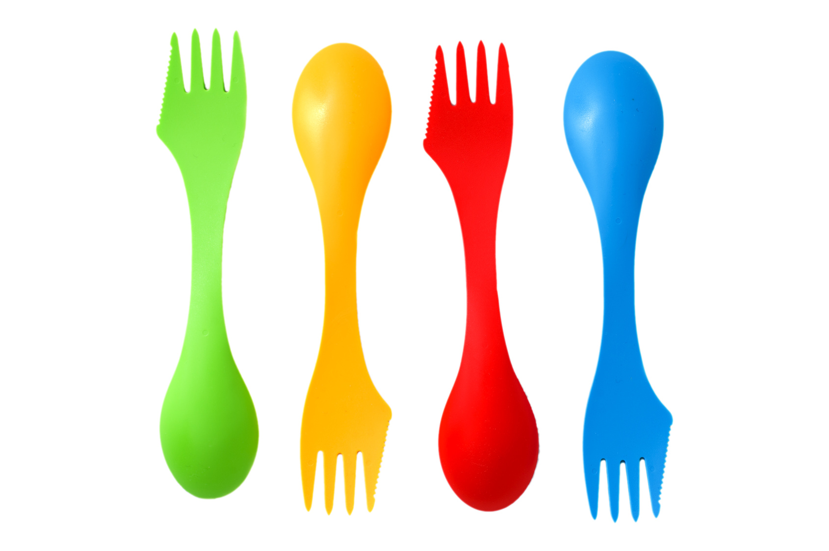 Four plastic varicolored camping cutlery tools spoons and forks